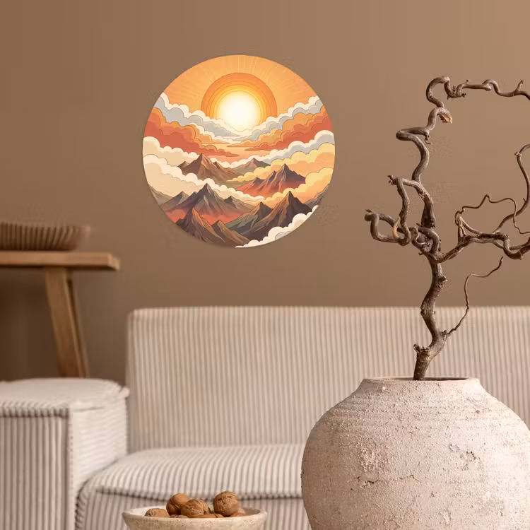 Bergen - Wolken - Natuur - Zonsopgang - Oranje Wandcirkel behangsticker klein -sfeer1