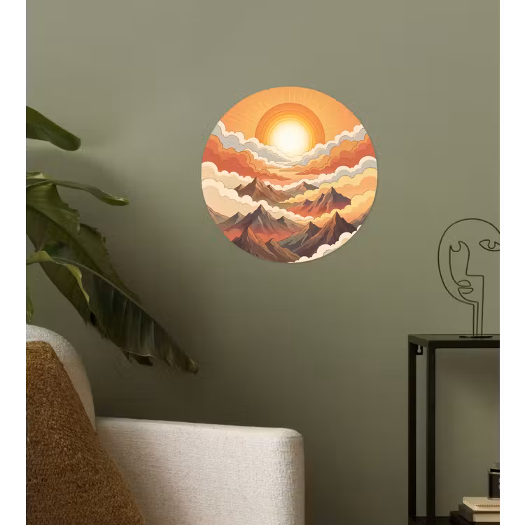 Bergen - Wolken - Natuur - Zonsopgang - Oranje Wandcirkel behangsticker klein -sfeer2