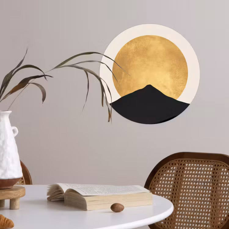 Bergsilhouetten - Gouden cirkel - Beige Wandcirkel behangsticker klein -sfeer3