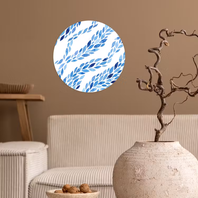 Bladeren - Aquarel - Patroon - Modern - Blauw Wandcirkel behangsticker klein -sfeer1