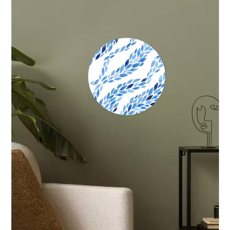Bladeren - Aquarel - Patroon - Modern - Blauw Wandcirkel behangsticker klein -sfeer2