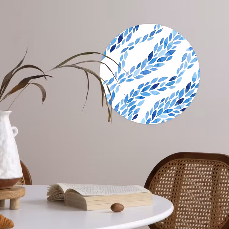 Bladeren - Aquarel - Patroon - Modern - Blauw Wandcirkel behangsticker klein -sfeer3