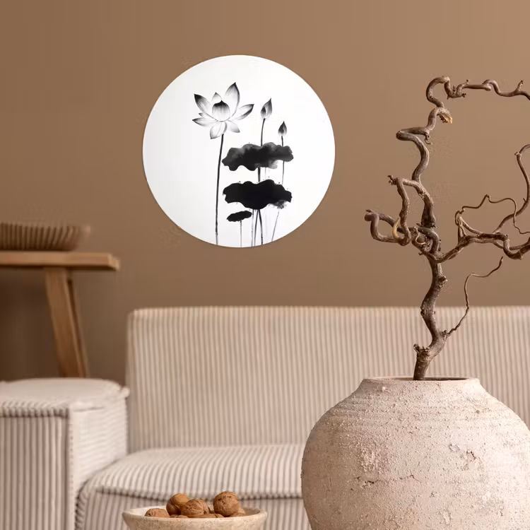 Bladeren - Zwart - Lotusbloem - Minimalitisch Wandcirkel behangsticker klein -sfeer1