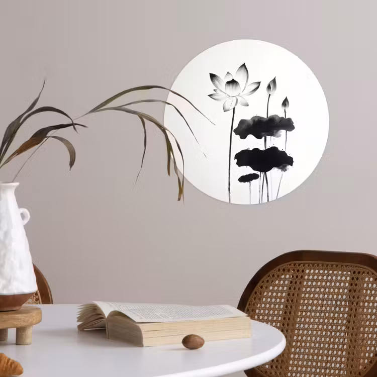 Bladeren - Zwart - Lotusbloem - Minimalitisch Wandcirkel behangsticker klein -sfeer3