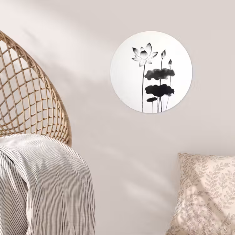 Bladeren - Zwart - Lotusbloem - Minimalitisch Wandcirkel behangsticker klein -sfeer4