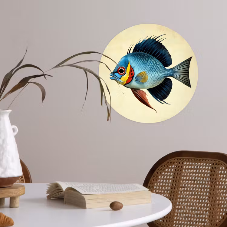 Blauw - Kieuwen - Vis - Illustratie Wandcirkel behangsticker klein -sfeer3
