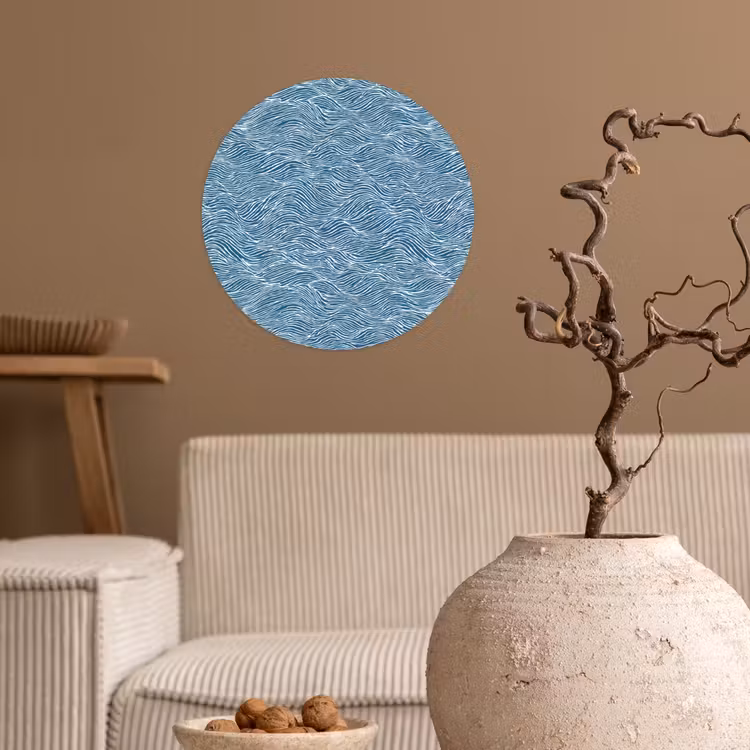 Blauw - Wit - Golven - Getekend - Textuur Wandcirkel behangsticker klein 186 -sfeer1