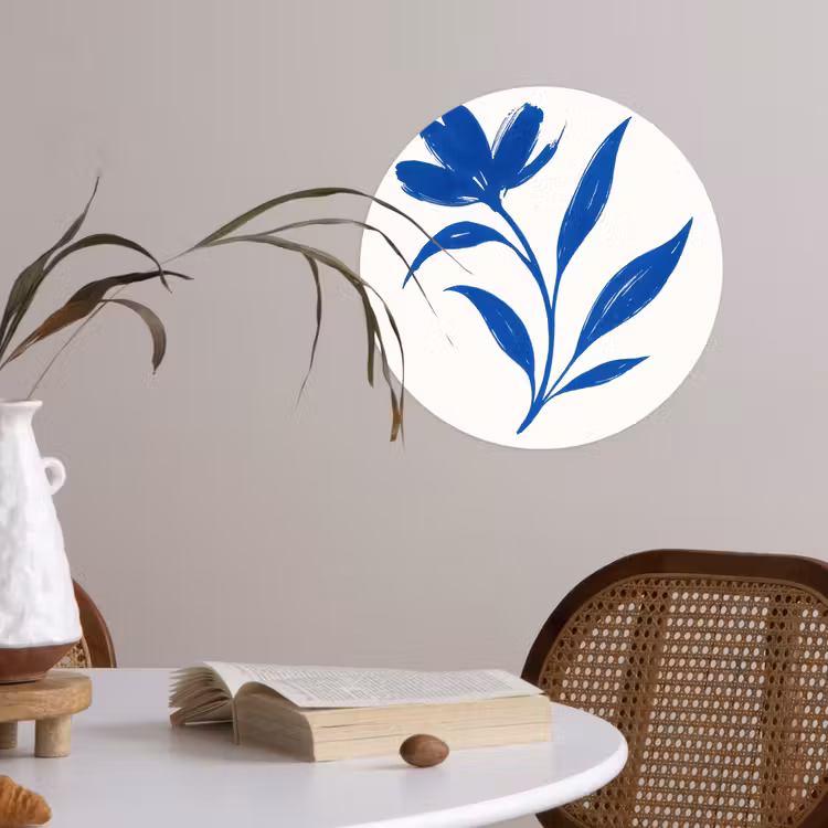 Bloem - Blaadjes - Minimalistisch - Blauw Wandcirkel behangsticker klein -sfeer3