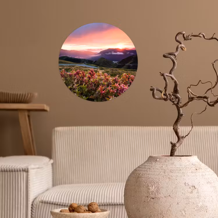 Bloemen - Bergen - Landschap - Nacht - Lucht - Roze Wandcirkel behangsticker klein -sfeer1