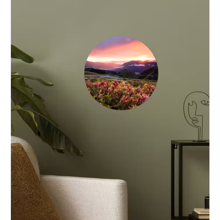 Bloemen - Bergen - Landschap - Nacht - Lucht - Roze Wandcirkel behangsticker klein -sfeer2