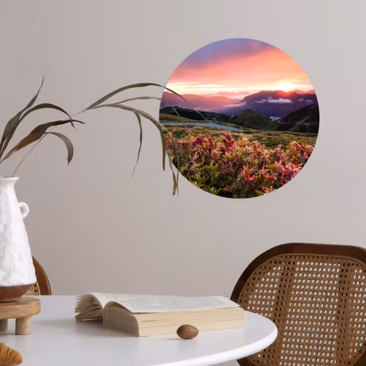 Bloemen - Bergen - Landschap - Nacht - Lucht - Roze Wandcirkel behangsticker klein -sfeer3