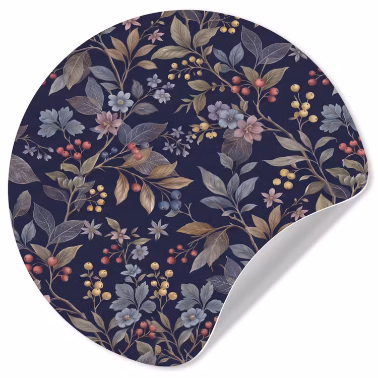 Bloemen - Bladeren - Patroon - Botanisch - Donkerblauw Wandcirkel behangsticker klein -3d