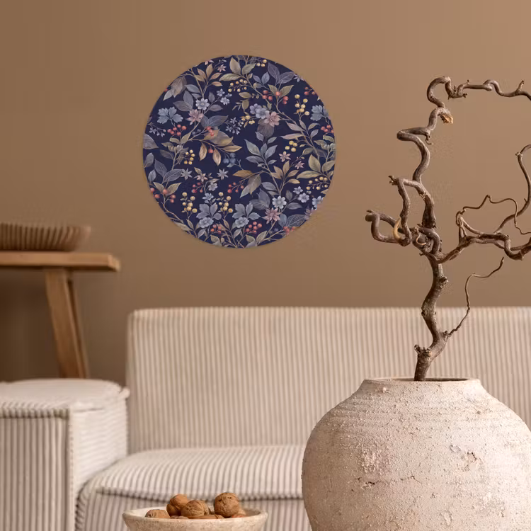 Bloemen - Bladeren - Patroon - Botanisch - Donkerblauw Wandcirkel behangsticker klein -sfeer1