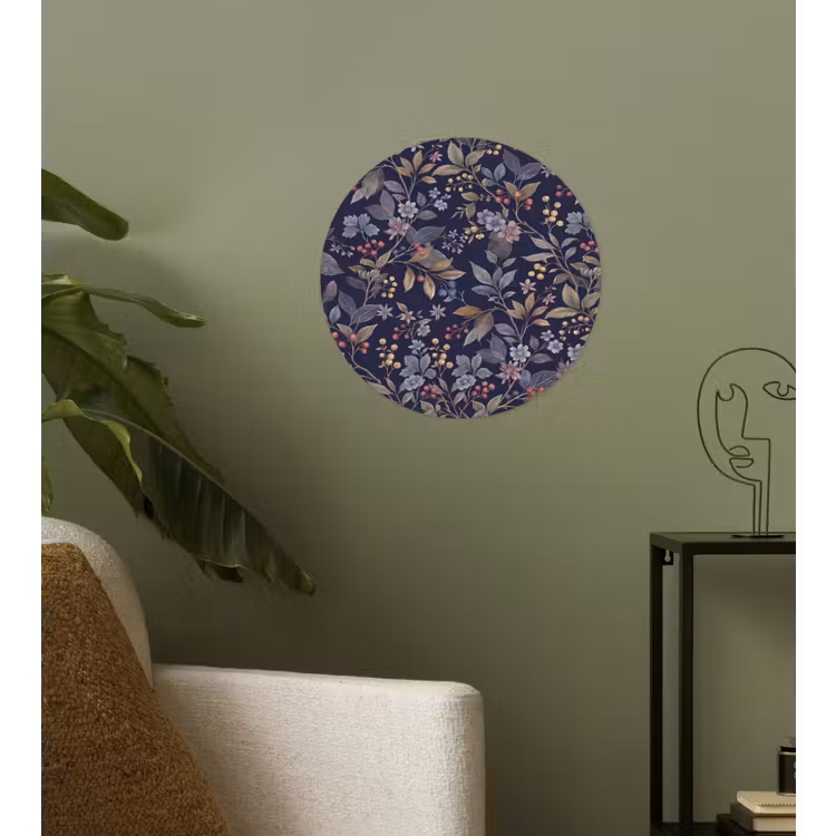 Bloemen - Bladeren - Patroon - Botanisch - Donkerblauw Wandcirkel behangsticker klein -sfeer2