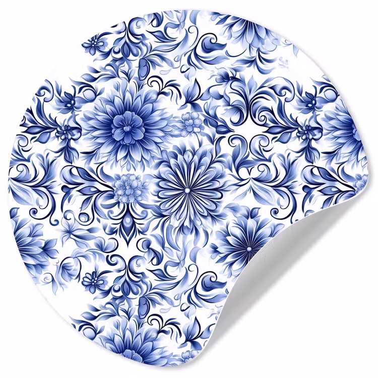 Bloemen - Blauw - Patroon - Wit Wandcirkel behangsticker klein 186 -3d