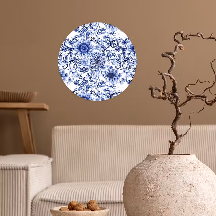 Bloemen - Blauw - Patroon - Wit Wandcirkel behangsticker klein 186 -sfeer1