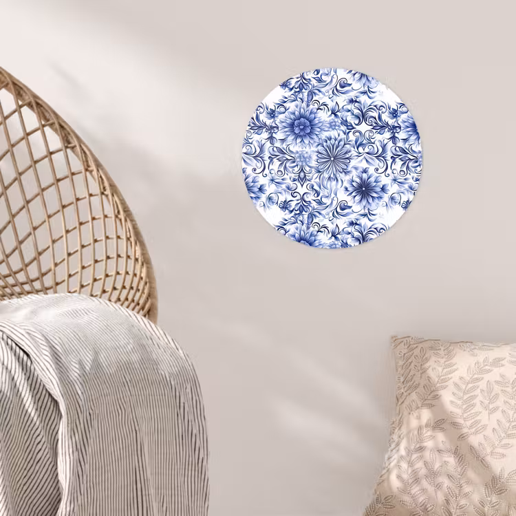 Bloemen - Blauw - Patroon - Wit Wandcirkel behangsticker klein 186 -sfeer4