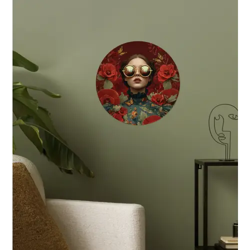 Bloemen - Dieprood - Zonnebril - Vrouw Wandcirkel behangsticker klein -sfeer2