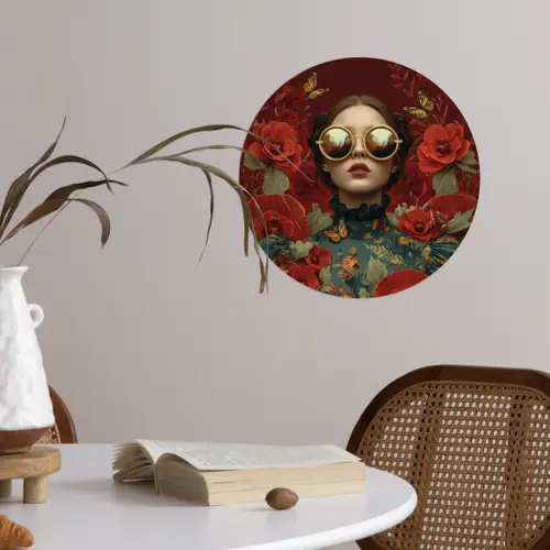 Bloemen - Dieprood - Zonnebril - Vrouw Wandcirkel behangsticker klein -sfeer3