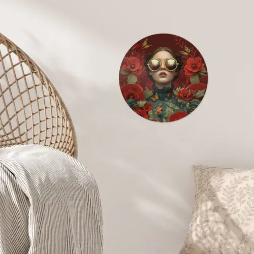 Bloemen - Dieprood - Zonnebril - Vrouw Wandcirkel behangsticker klein -sfeer4