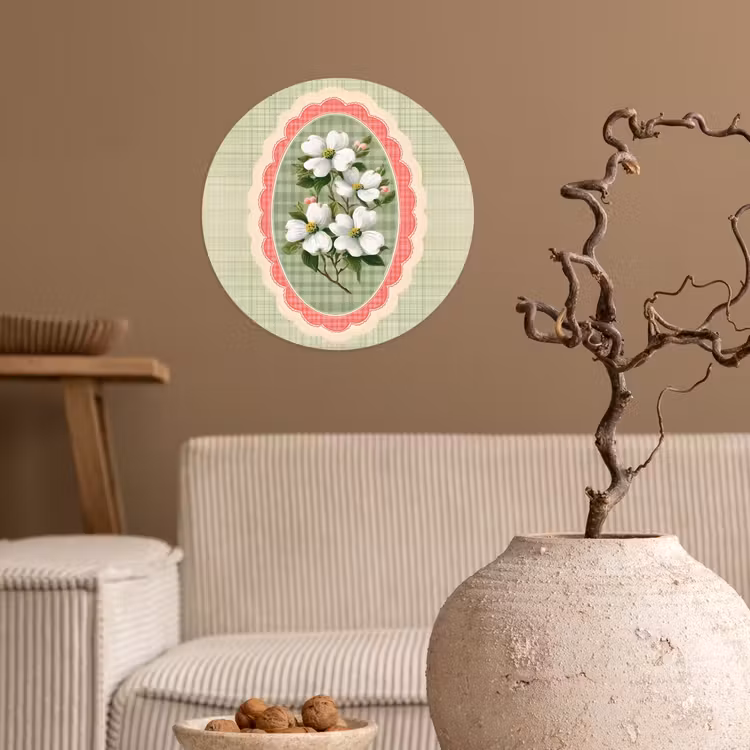 Bloemen - Illustratie - Geruit - Groen Wandcirkel behangsticker klein -sfeer1
