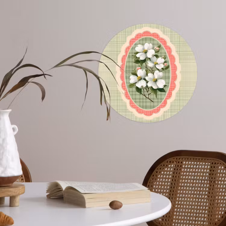 Bloemen - Illustratie - Geruit - Groen Wandcirkel behangsticker klein -sfeer3