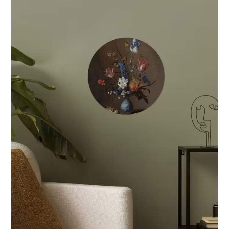 Bloemen in een Wan-Li vaas en schelpen - Schilderij van Balthasar van der Ast Wandcirkel behangsticker klein -sfeer2