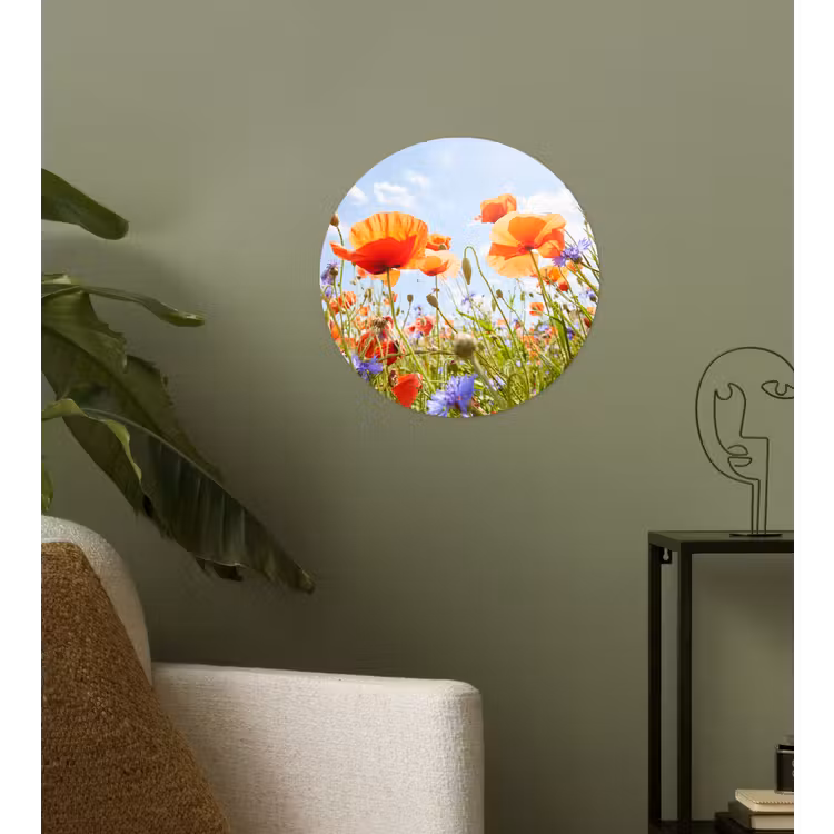Bloemen - Klaproos - Lente - Natuur - Rood - Blauw Wandcirkel behangsticker klein -sfeer2
