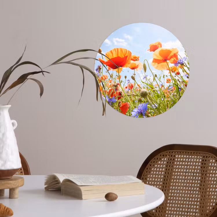 Bloemen - Klaproos - Lente - Natuur - Rood - Blauw Wandcirkel behangsticker klein -sfeer3