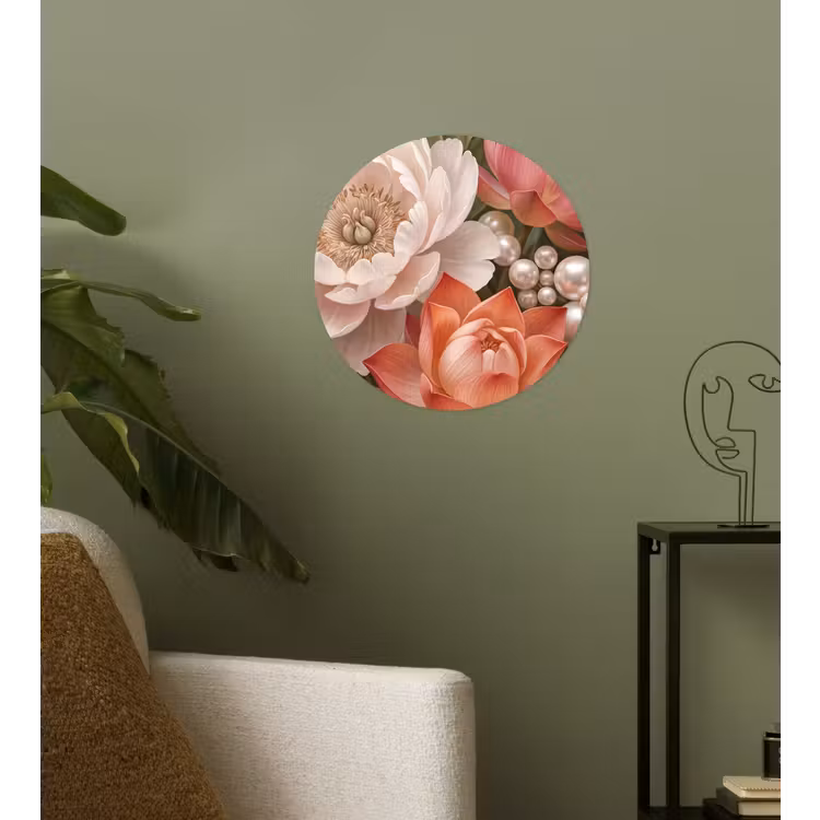 Bloemen - Parels - Elegant - Roze - Wit Wandcirkel behangsticker klein -sfeer2