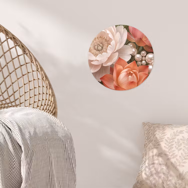 Bloemen - Parels - Elegant - Roze - Wit Wandcirkel behangsticker klein -sfeer4