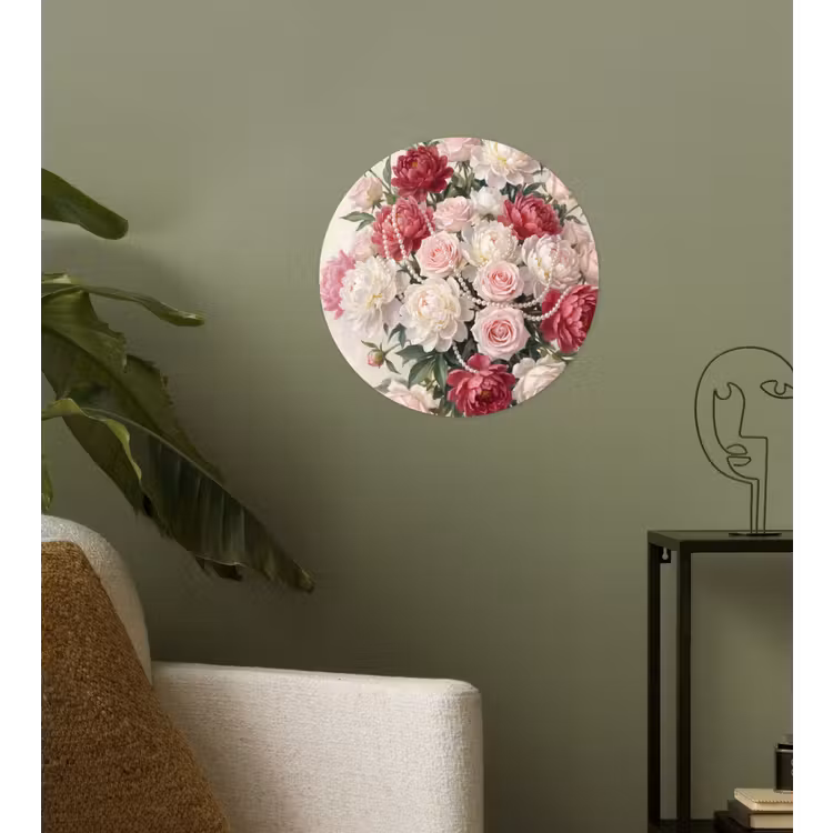 Bloemen - Parels - Romantiek - Klassiek - Roze Wandcirkel behangsticker klein -sfeer2