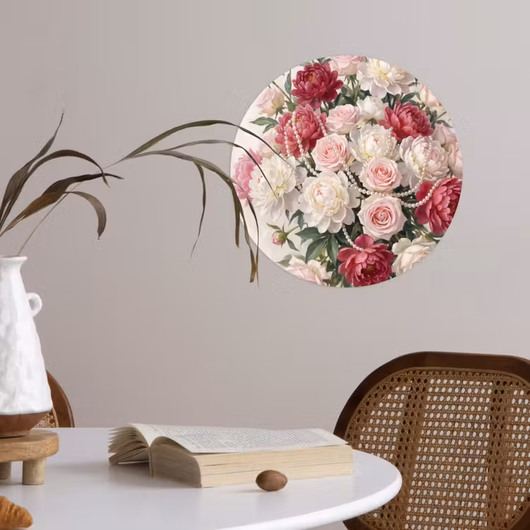 Bloemen - Parels - Romantiek - Klassiek - Roze Wandcirkel behangsticker klein -sfeer3