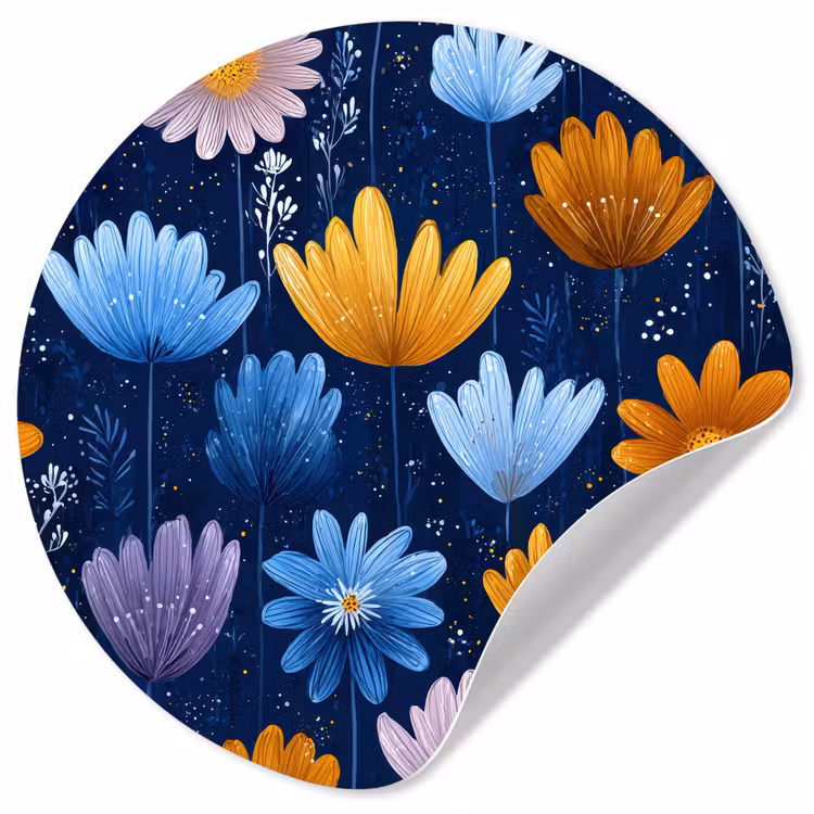 Bloemen - Patroon - Blauw - Contrast Wandcirkel behangsticker klein -3d