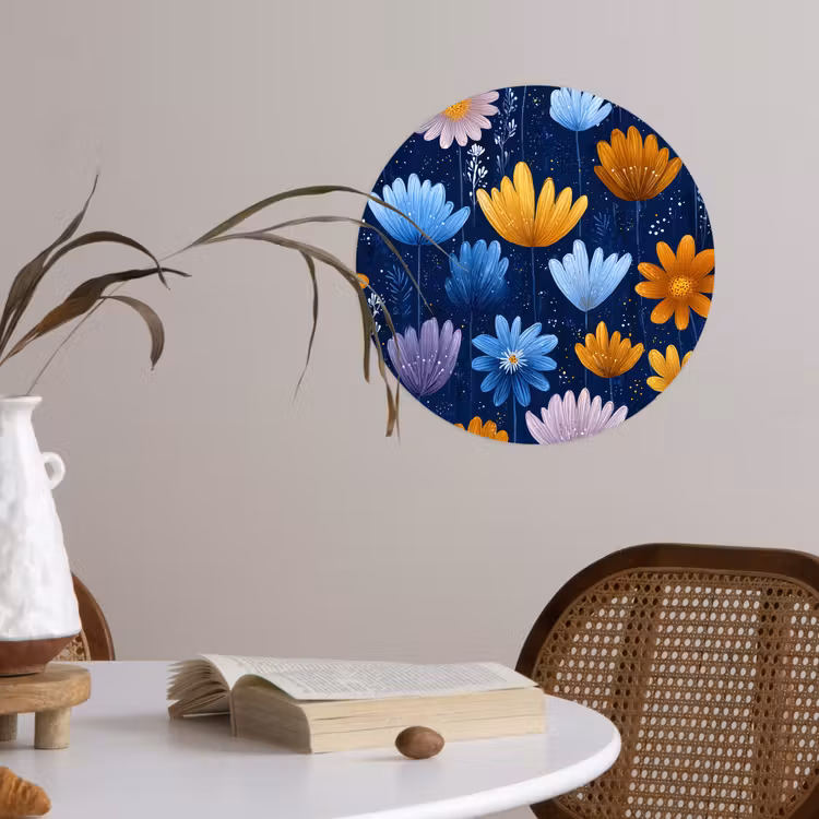 Bloemen - Patroon - Blauw - Contrast Wandcirkel behangsticker klein -sfeer3