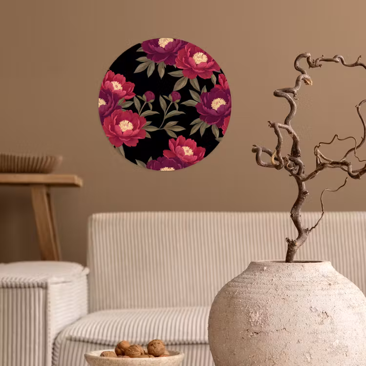Bloemen - Patroon - Botanisch - Rood - Zwart Wandcirkel behangsticker klein -sfeer1