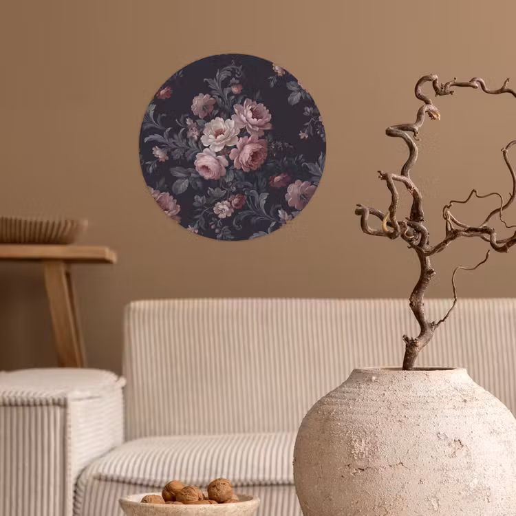 Bloemen - Patroon - Sierlijk - Roze - Donker Wandcirkel behangsticker klein -sfeer1