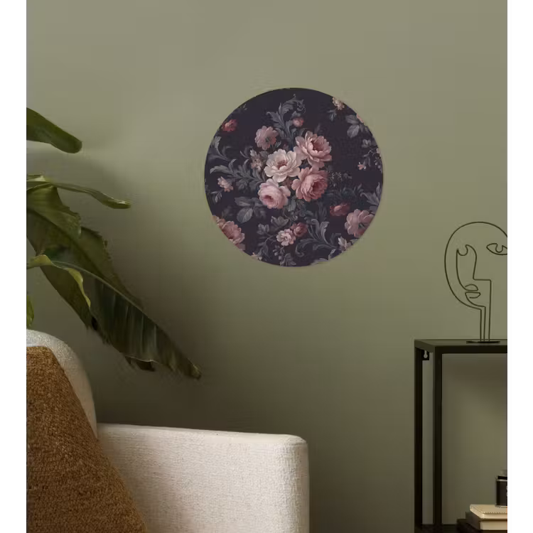 Bloemen - Patroon - Sierlijk - Roze - Donker Wandcirkel behangsticker klein -sfeer2
