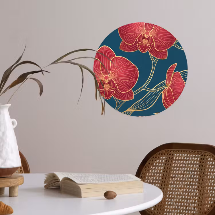 Behangcirkel - Bloemen - Rood - Goud - Bloemen - Rood - Goud Wandcirkel behangsticker klein