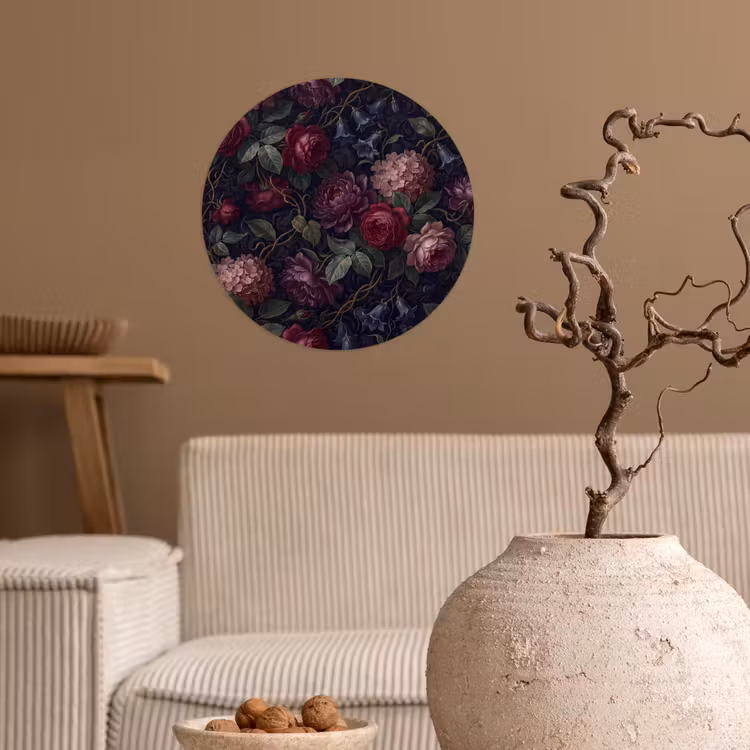 Bloemen - Rood - Klassiek - Donker - Patroon Wandcirkel behangsticker klein -sfeer1