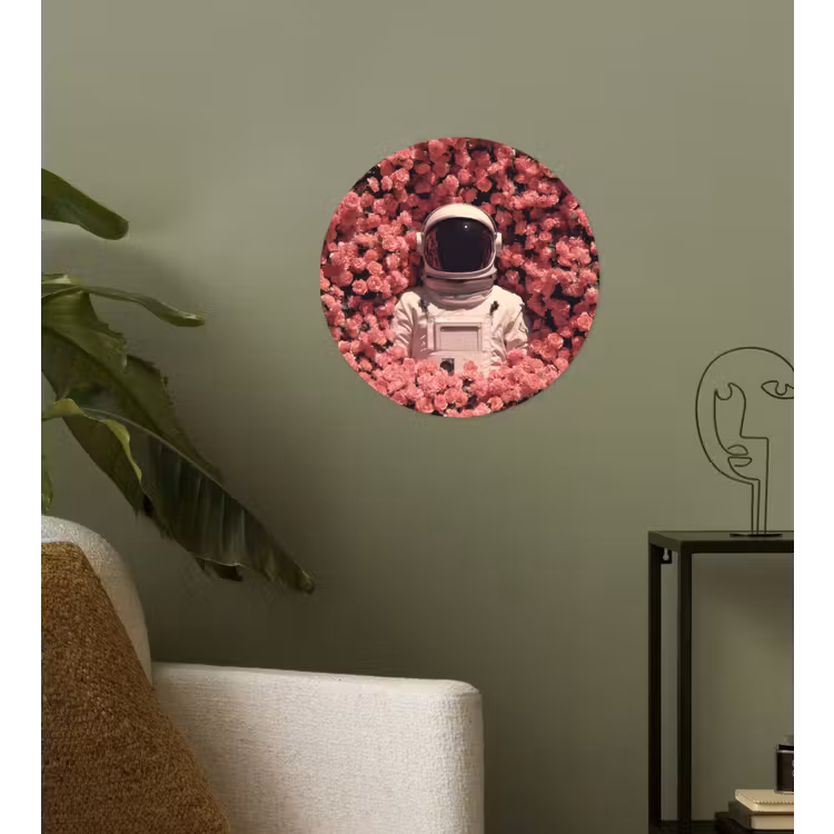 Bloemen - Roze - Astronaut Wandcirkel behangsticker klein -sfeer2