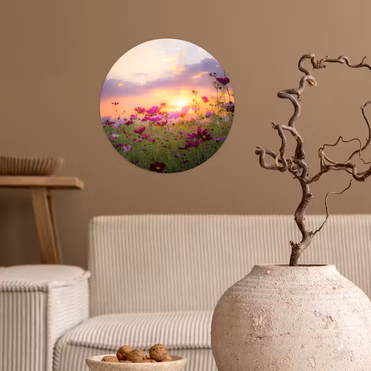 Bloemen - Roze - Zonsondergang - Natuur - Weide - Horizon Wandcirkel behangsticker klein -sfeer1