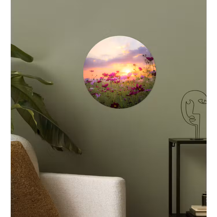 Bloemen - Roze - Zonsondergang - Natuur - Weide - Horizon Wandcirkel behangsticker klein -sfeer2