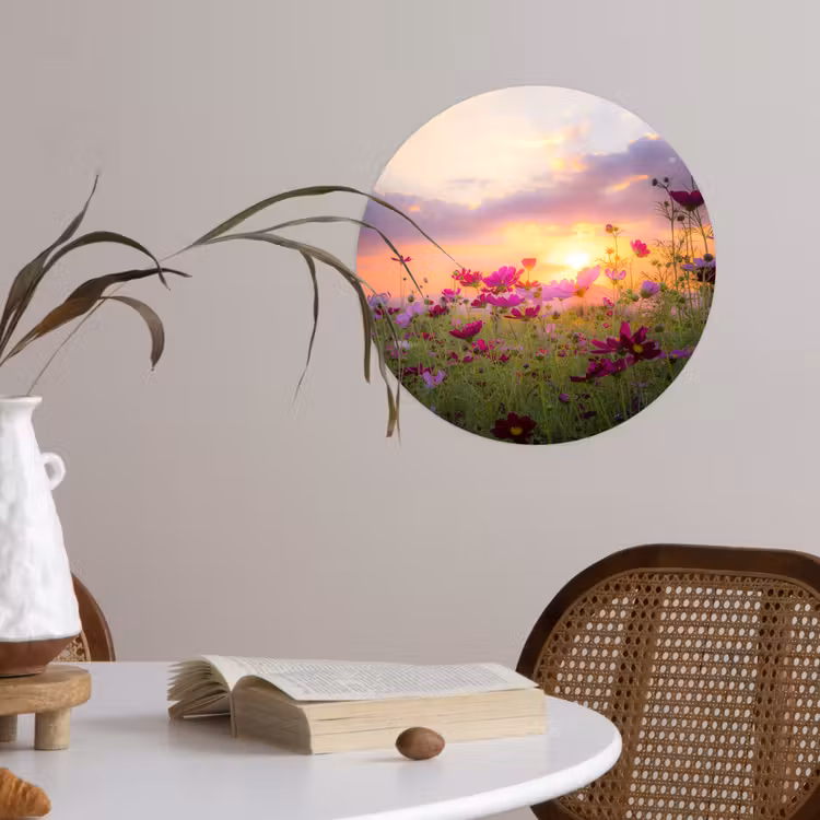 Bloemen - Roze - Zonsondergang - Natuur - Weide - Horizon Wandcirkel behangsticker klein -sfeer3