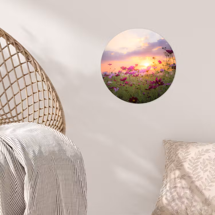 Bloemen - Roze - Zonsondergang - Natuur - Weide - Horizon Wandcirkel behangsticker klein -sfeer4