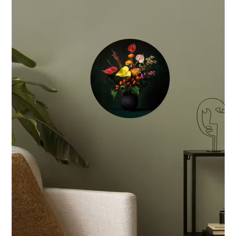 Bloemen - Vaas - Zwart Wandcirkel behangsticker klein -sfeer2