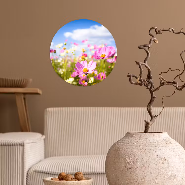 Bloemen - Wei - Paars - Gras - Wit - Wolken - Blauw Wandcirkel behangsticker klein -sfeer1