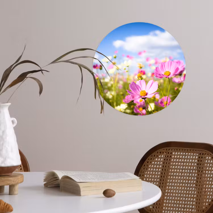 Bloemen - Wei - Paars - Gras - Wit - Wolken - Blauw Wandcirkel behangsticker klein -sfeer3