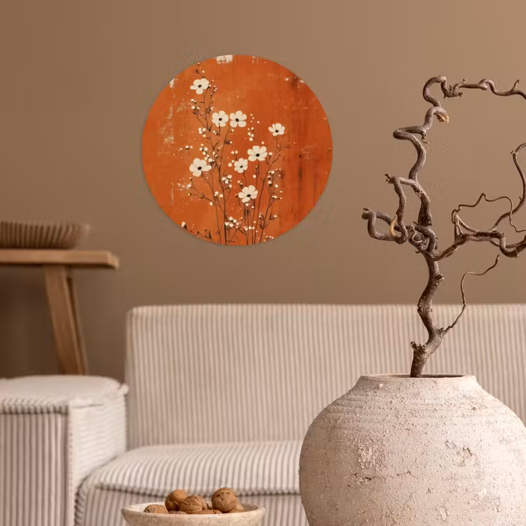 Bloemen - Wit - Subtiel - Roestkleur Wandcirkel behangsticker klein -sfeer1