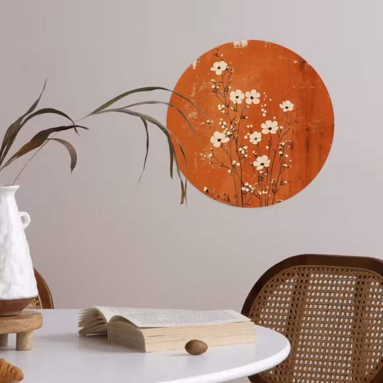 Bloemen - Wit - Subtiel - Roestkleur Wandcirkel behangsticker klein -sfeer3